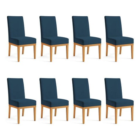 Kit 8 Cadeiras de Jantar Brisa Suede Azul Marinho Base de Madeira - Pallazio
