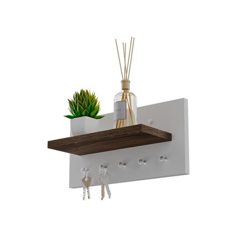Porta Chaves Minimalista Organizador Decoração Branco e Nogal