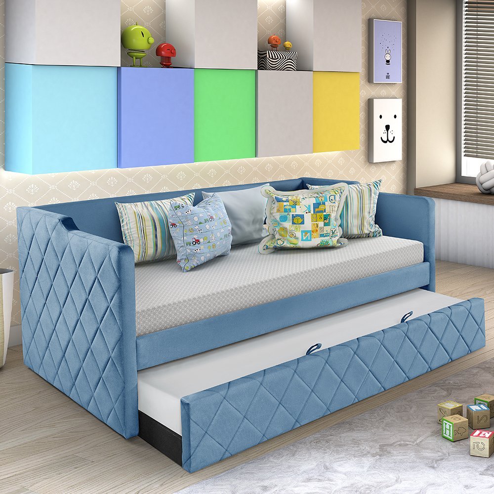 Sofá Cama Infantil em Madeira Maciça e Veludo Pavia Azul Dubai