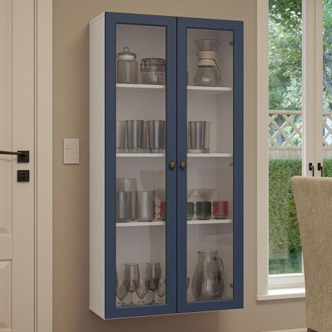 Cristaleira Suspensa 70 Cm 2 Portas de Vidro Branco-azul Vik Madesa