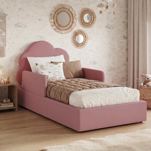 Cama Infantil Nuvem para Menina Montessoriana Baixa com Proteção Lateral Rosa