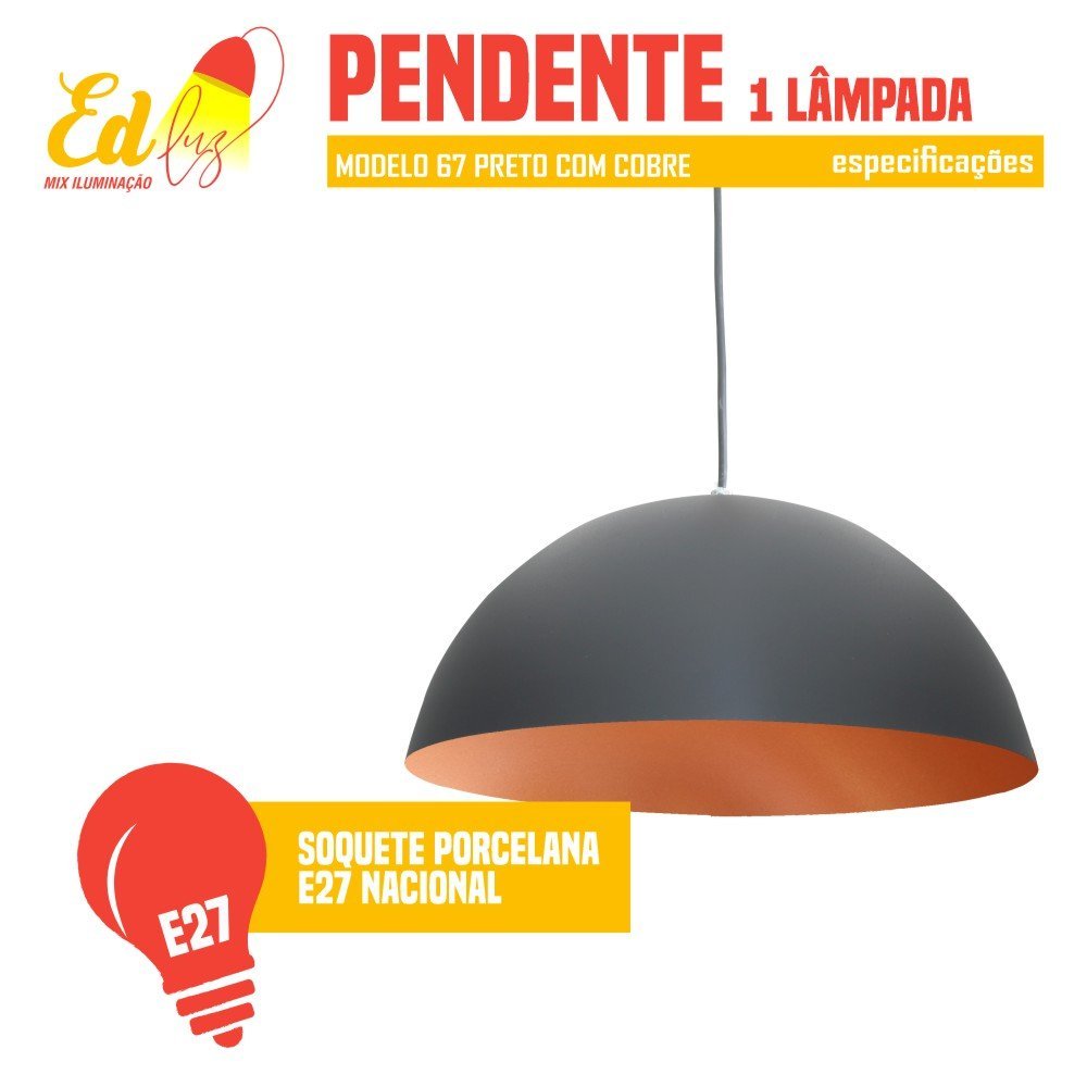 Pendente Meia Lua 40cm Luminária Alumínio Preto Textura com Cobre - 3