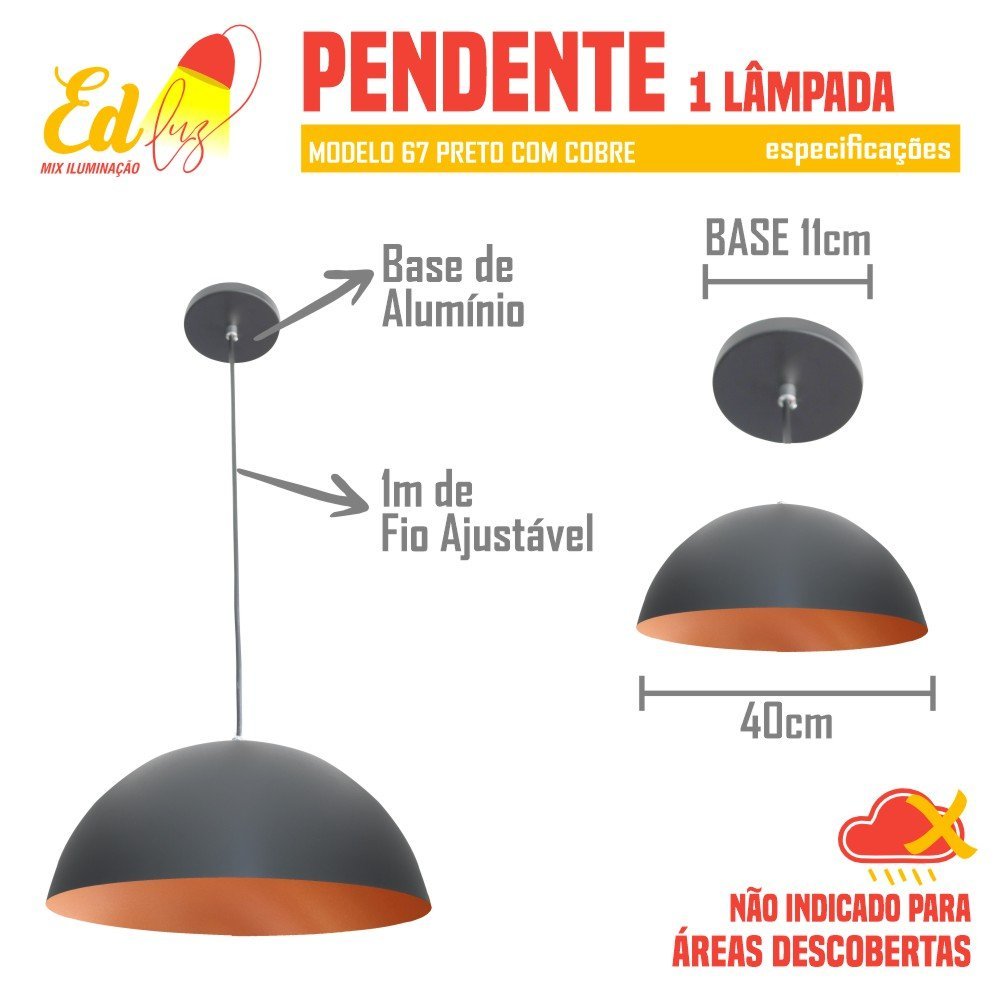 Pendente Meia Lua 40cm Luminária Alumínio Preto Textura com Cobre - 2