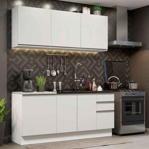 Cozinha Completa Madesa Glamy 180005 com Armário e Balcão (Sem Tampo e Pia) Branco Cor:Branco