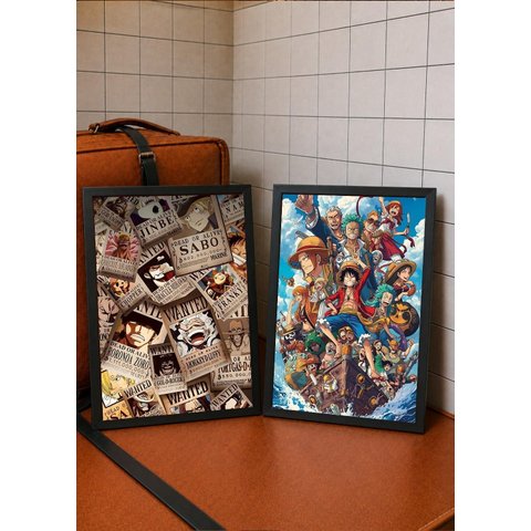 2 Quadros A3 One Piece Wanted c/ Vidro e Moldura Preta:A3