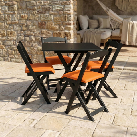 Conjunto Mesa Dobrável Área Externa 70x70cm com 4 Cadeiras Estofadas Madeira Preto/Laranja
