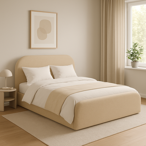 Cama Estofada Casal Estilo Clean com Cabeceira Acolchoada Linho Ocre