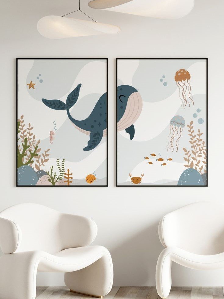 Kit 2 Quadros Decorativos Infantil Animais  Fundo Oceano No1