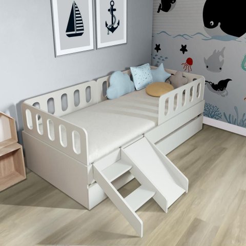 Bicama Solteiro MDF BP com Escadinha/Escorrega 03 Grades e Cabeceira Megamobilia