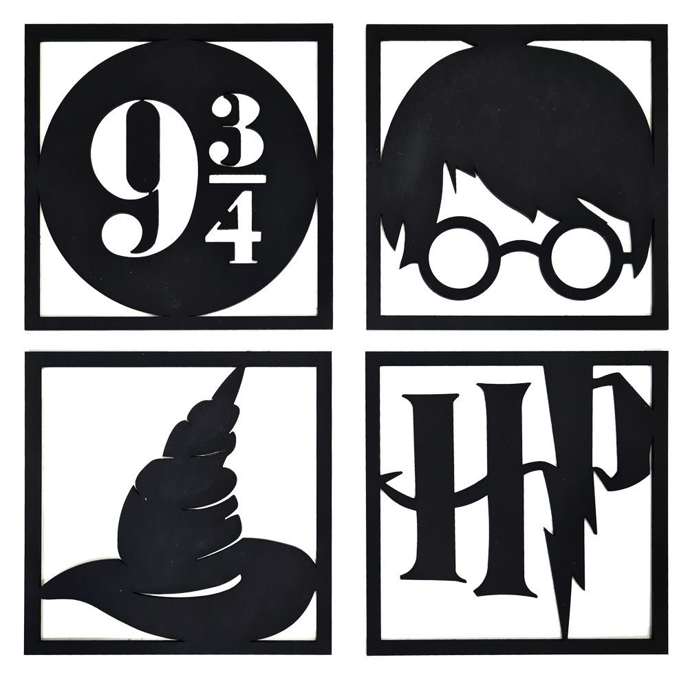 Kit 4 Quadros Decorativos Harry Potter Mdf 20x20 Preto