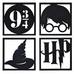 Kit 4 Quadros Decorativos Harry Potter Mdf 20x20 Preto - 1