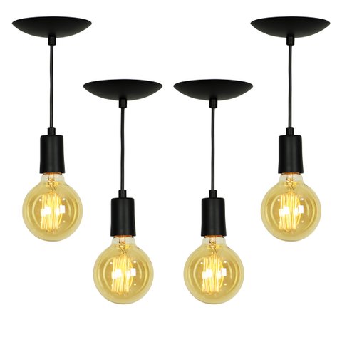 Kit 4 Lustre Pendente Tubo Cilindro Alumínio Preto Fio 120cm