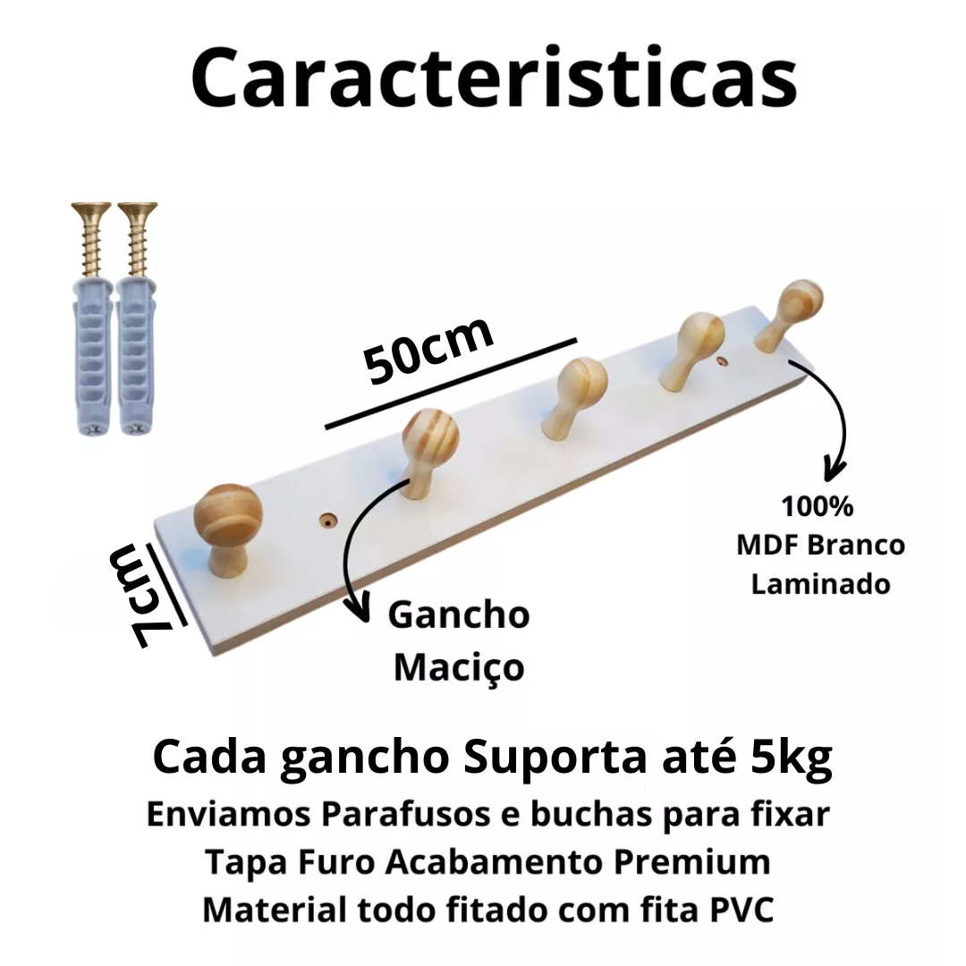 Cabideiro de Parede com 05 Ganchos Organizador de Roupas 50cm X 7cm Fixado na Parede em Mdf - 3