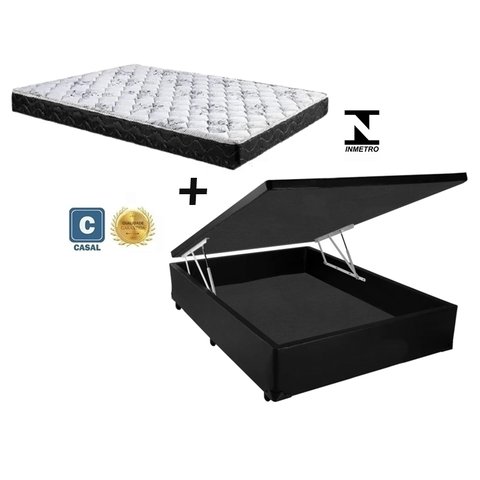 Cama Baú Casal Preto Suede + Colchão Espuma D33 138x188x17