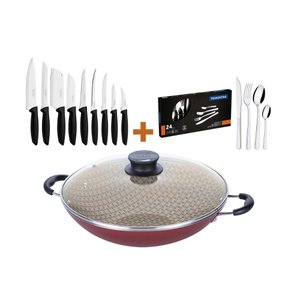 Kit - Panela Wok 6L 36 Cm Vermelho + 1 Conjunto Facas 9pç + 1 Faqueiro Inox 24pç - Tramontina