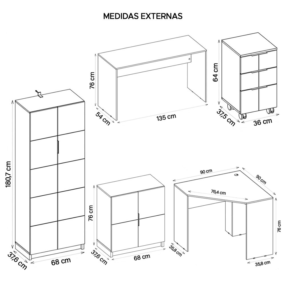 Kit Conjunto Escritório 5 Peças Cubic Branco Caemmun - 7