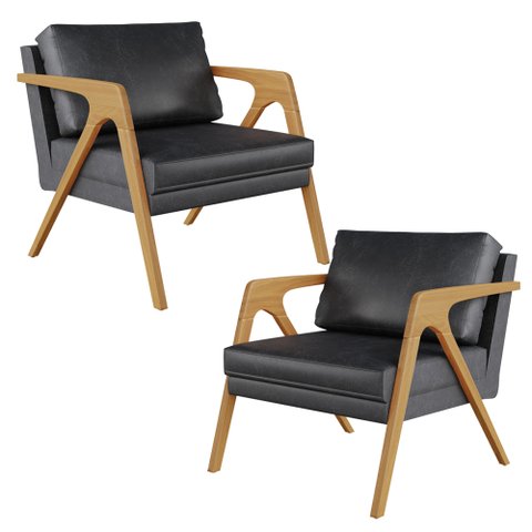 Kit 02 Poltronas Decorativa Sala Pietra Estrutura Madeira L02 Couríssimo Preto Brilho - Lyam Decor