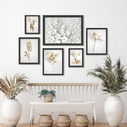 Kit Composição 6 Quadros Suaves Flores Branco com Dourado - com Vidro:madeira Branca - 1