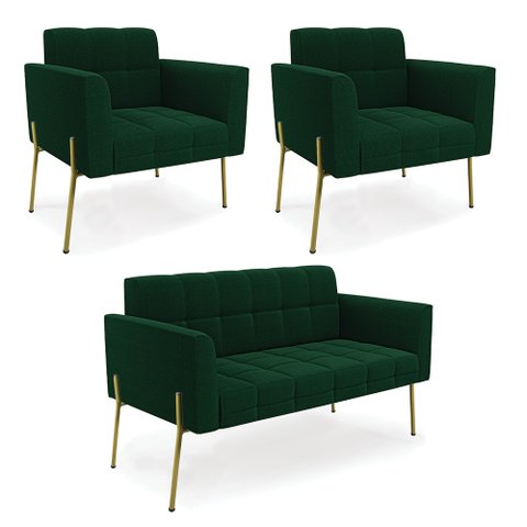 Namoradeira e 2 Poltronas Pé de Ferro Dourado Elisa Bouclê Verde D03 - D'Rossi