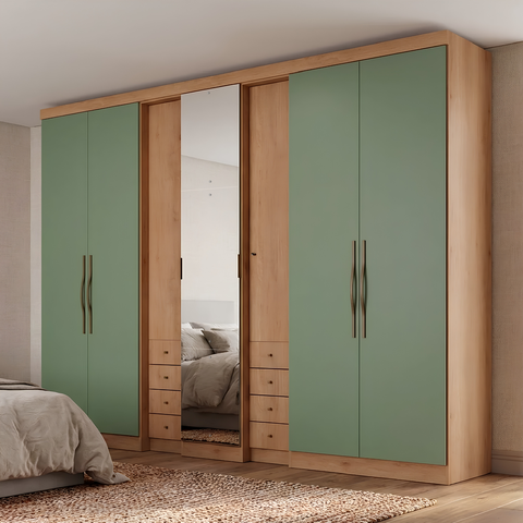 Guarda-Roupa Casal com Espelho 7 Portas 8 Gavetas Freijó/Verde Sálvia 270cm Yescasa Absolut New