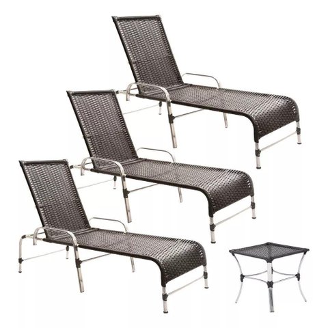 3 Espreguiçadeiras e Mesa para Piscina, Área, Varanda Trama Preto