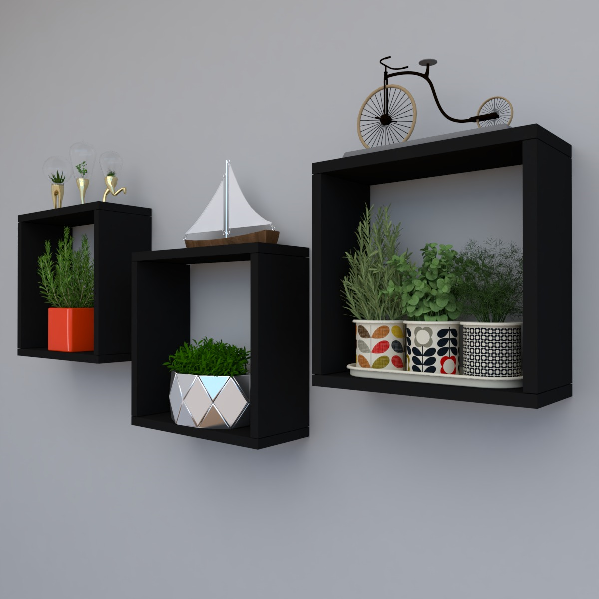 Kit com 3 Nichos Decoração para Quarto Preto 30x30x12cm | MadeiraMadeira