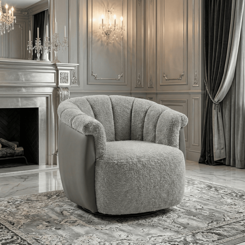 Poltrona Decorativa Giratória Luxuosa Confortável Montada Bouclé Cinza Courino Cinza P/ Sala Hall