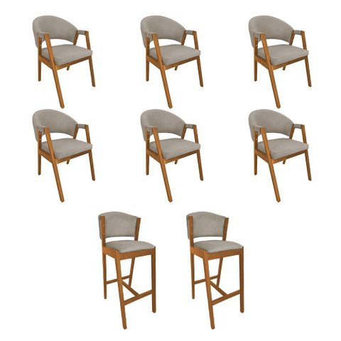 Kit 6 Cadeiras de Jantar Helen Madeira Maciça com 2 Banquetas Ana Cerejeira Premium Linho Bege