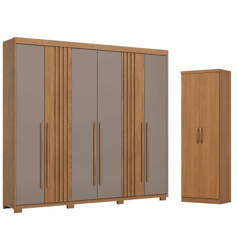 Guarda Roupa Casal 6 Portas 4 Gavetas Flex D325 Nature Avelã com Armário Multiuso Margarida Cinamomo