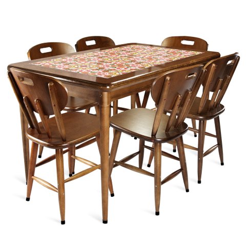 Mesa retangular 6 lugares para cozinha em madeira e 28 azulejos - Frutas