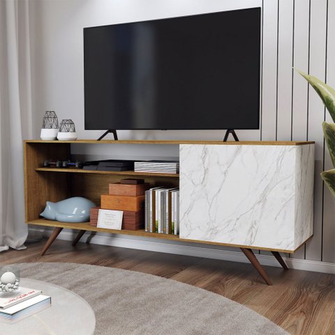 Rack para Tv até 42 Polegadas Seleto 1 Porta Amêndoa/mármore Branco - Panorama Móveis