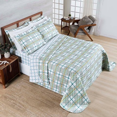 Kit Cobre Leito Colcha Casa Scarpa Belle Queen Estampado Dupla Face 400 Fios 3 Peças Grid Verde - 10