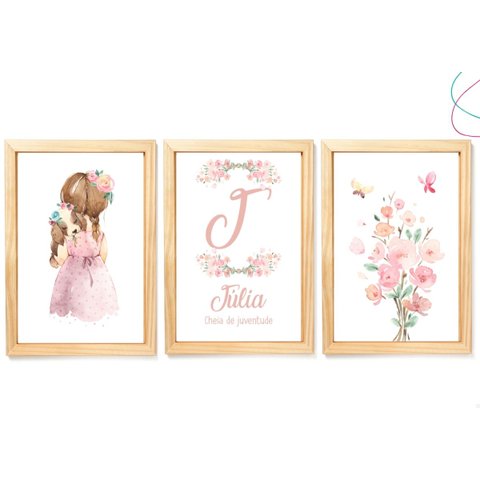 Quadros Decorativos infantil Menina Aquarela Flores Cachorro:Pinus