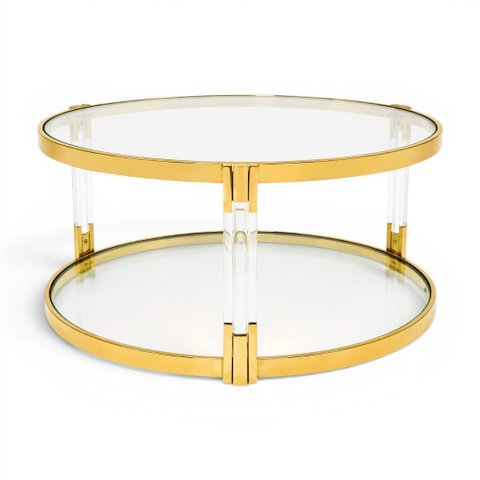 Mesa de Centro Redonda em Inox Dourado e Acrílico com Tampo em Vidro 40x60x52cm