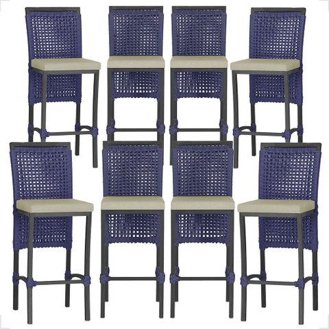 8 Banquetas em Alumínio Roma Preta Corda Náutica Tecido 7