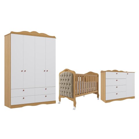 Dormitório Encanto Guarda Roupa, Cômoda e Berço Harmonia Nature/branco com Capitonê - Permóbili