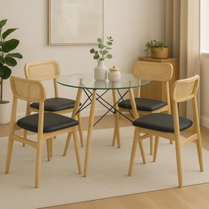 Conjunto de Mesa de Jantar Vidro 90cm com 4 Cadeiras Rainer em Palha Natural Design