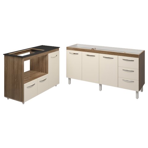 Balcão Cozinha Gabinete de Pia 160 Cm Estela e Balcão para Fogão Cooktop 5 Bocas e Forno Elétrico Al