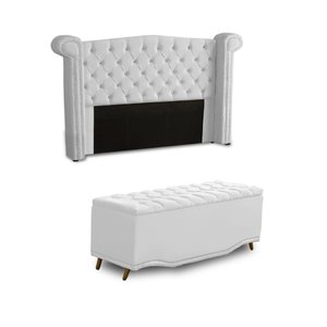 KIT + Cabeceira Com Recamier Baú Dunas Princesa em captonê 1,95 Casal Cama Box Branco Corino Dalaqua