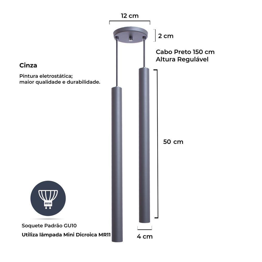 Pendente Tubo Cinza 50 Cm - Duplo+Lâmpada Led Branco Quente - 2