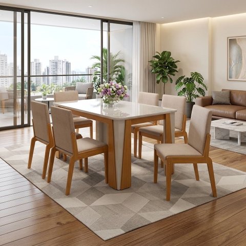 Conjunto de Mesa com 6 Cadeiras Opera Marrom/Marromle/Off White