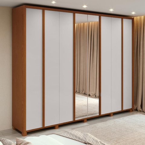 Guarda-roupa Casal 100% Mdf 8 Portas Easy Glow com Espelhos e Pés Frassino/off White