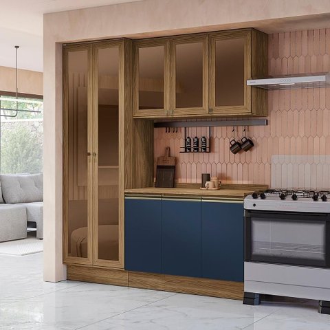 Armário de Cozinha Compacta com Vidro Reflecta 100% Mdf 192cm Nogueira/azul Profundo Celeste