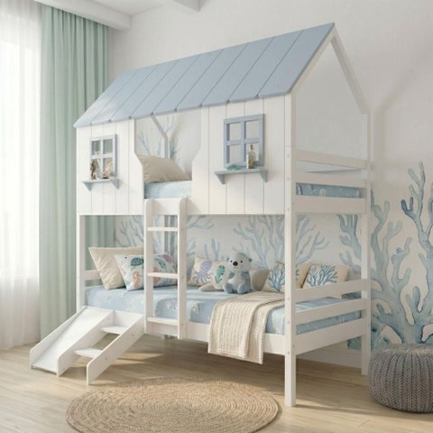 Beliche Casinha Encantada com Kit Escada/ Escorregador Madeira Maciça Branco/ Azul Housin