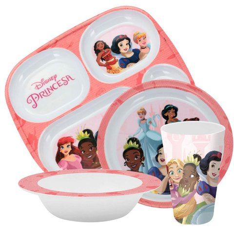 Kit Refeição Infantil Princesas Disney 4 Peças Pratos e Copo