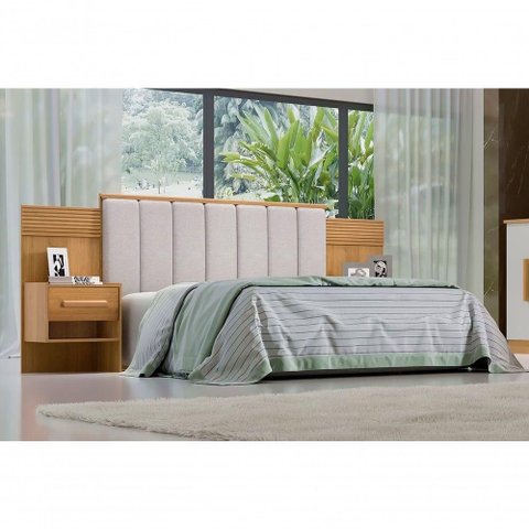 Cabeceira para Cama Queen Size Ripada Irís Estofada com 2 Mesas de Cabeceira D Doro Cinamomo/ripado