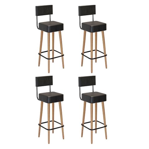 Kit 04 Banquetas Alta para Cozinha Área Gourmet Barcelona com Encosto Couríssimo Preto - Desk Design