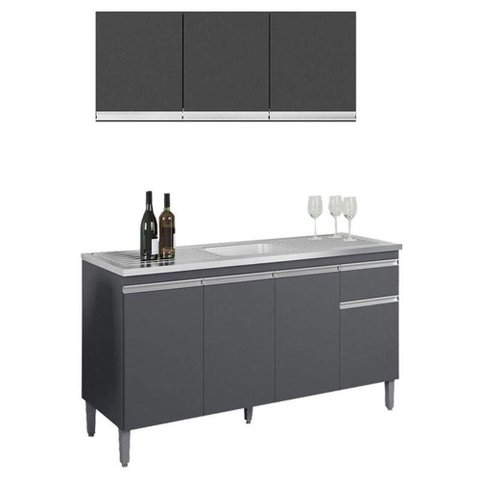 Balcão de Pia Tatiane 145 Cm e Armário Aéreo Andréia 3 Portas 120 Cm Cinza Fosco - Ajl
