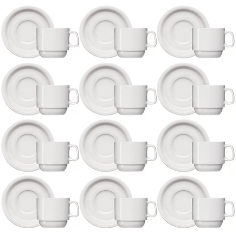 Jogo 12 Xícaras de Café com Pires de Porcelana 65ml Classe Única Iguaçu Germer Branco