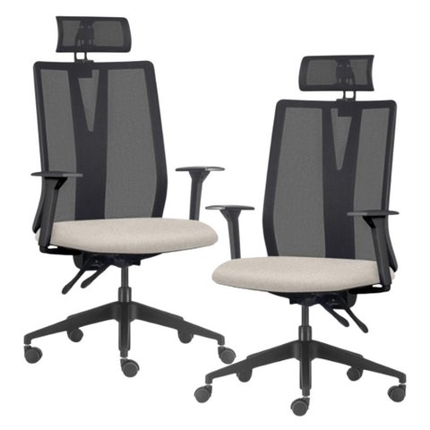 Kit 2 Cadeiras Escritório Giratória Presidente Flow F02 Base Preta Linho Bege Claro - Lyam Decor